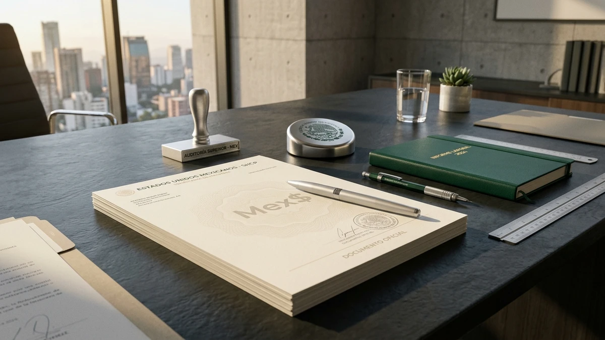 Mesa de trabajo de auditoría laboral mexicana con documentos oficiales y cálculo de aguinaldo